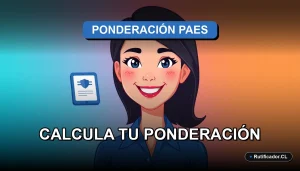 Joven profesional sonriente calculando su ponderación PAES 2026 con un documento digital flotante, ilustración plana corporativa.