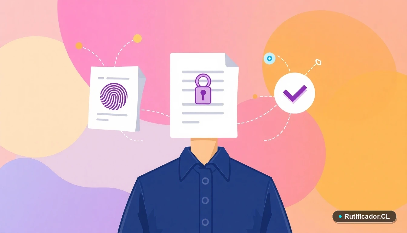 Iconos digitales de seguridad y verificación para trámites en línea en Chile, ilustración plana moderna.