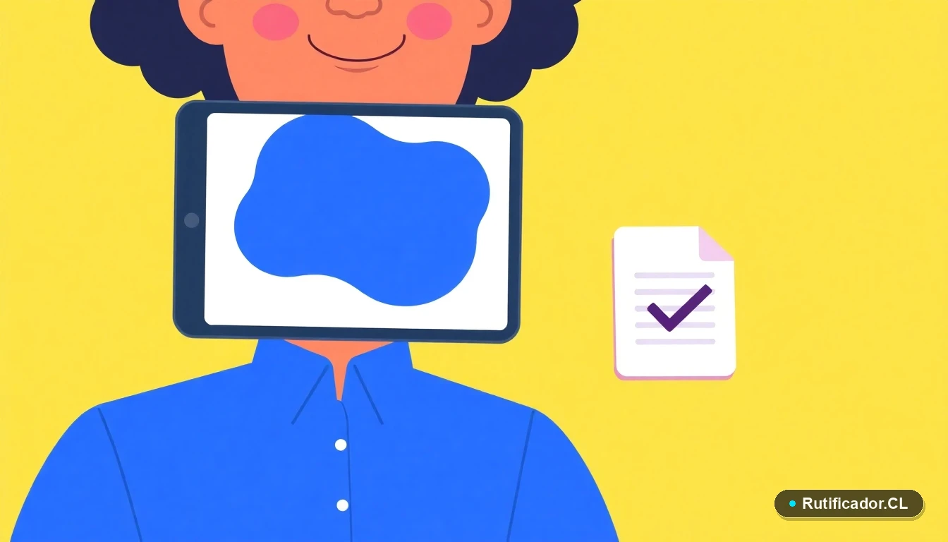 Ilustración de un trámite digital seguro en Chile, con un dispositivo tablet y un documento estilizado con marca de verificación.