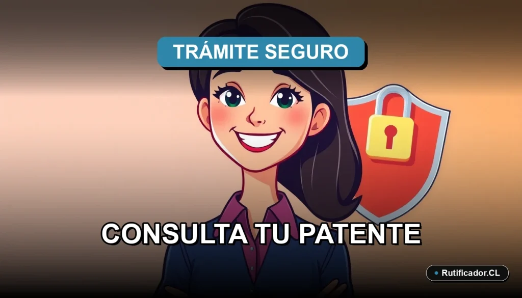 Mujer profesional sonriente junto a un escudo digital flotante, guía para consultar patente de auto en Chile de forma legal.