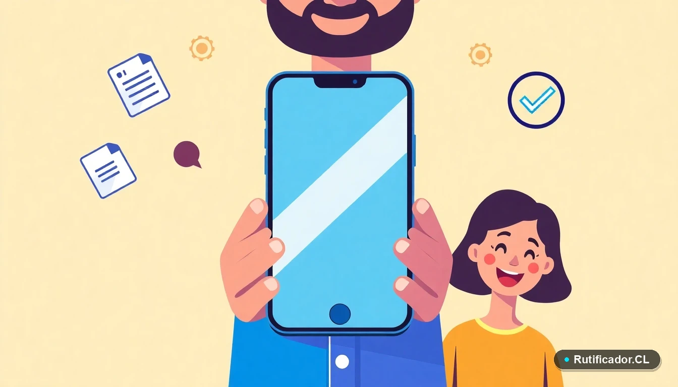 Ilustración plana de un teléfono inteligente estilizado con iconos de documentos y aprobación, representando la consulta digital del Bono Marzo en Chile.