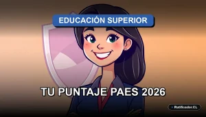 Joven chilena sonriente consulta su puntaje PAES en un escudo digital flotante, ilustración plana y colorida.