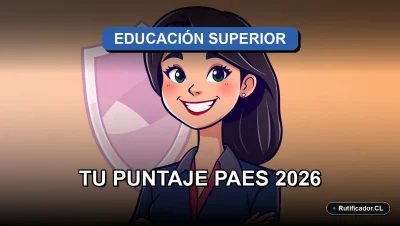 Joven chilena sonriente consulta su puntaje PAES en un escudo digital flotante, ilustración plana y colorida.