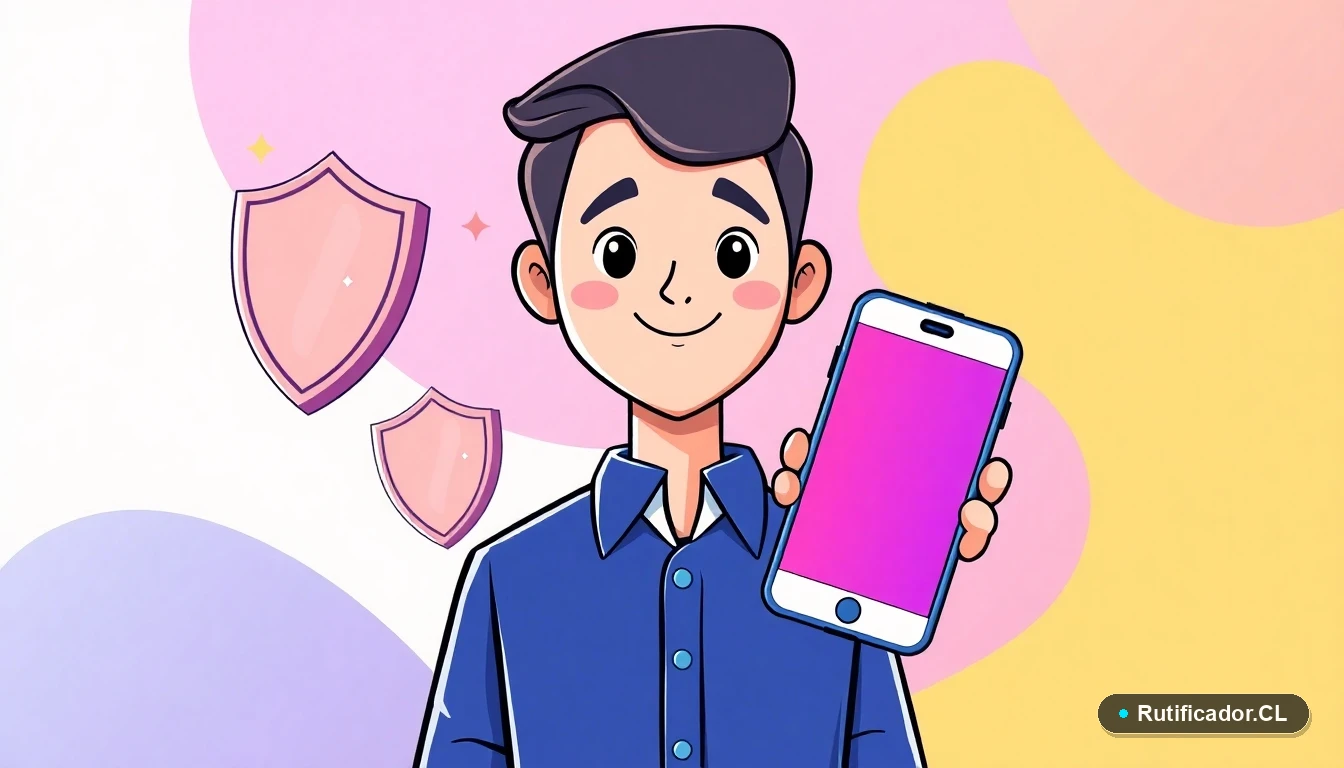 Escudos digitales y un teléfono inteligente abstractos y estilizados flotando, representando trámites universitarios seguros en Chile, ilustración plana.