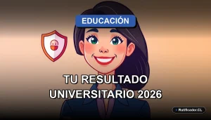 Joven chilena sonriente consulta su resultado de postulación universitaria en un escudo digital flotante, ilustración plana y colorida.