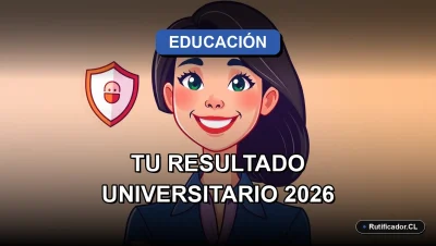 Joven chilena sonriente consulta su resultado de postulación universitaria en un escudo digital flotante, ilustración plana y colorida.