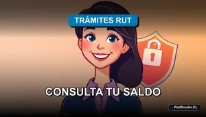 Ilustración de una profesional mujer sonriente junto a un escudo digital flotante, guía para consultar saldo de cuenta RUT, estilo corporativo amigable.