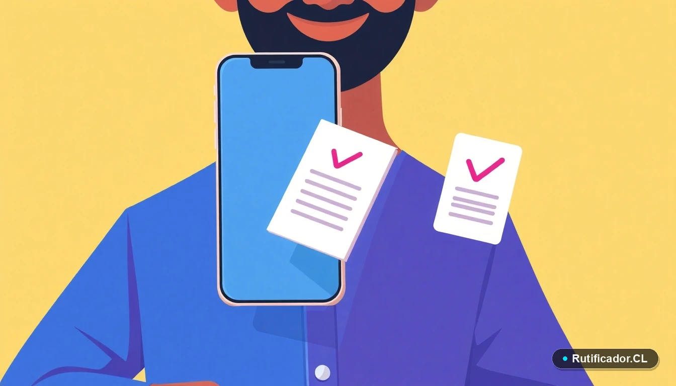 Ilustración de un teléfono inteligente y un documento estilizado que representan la consulta digital segura del saldo de la Cuenta RUT.