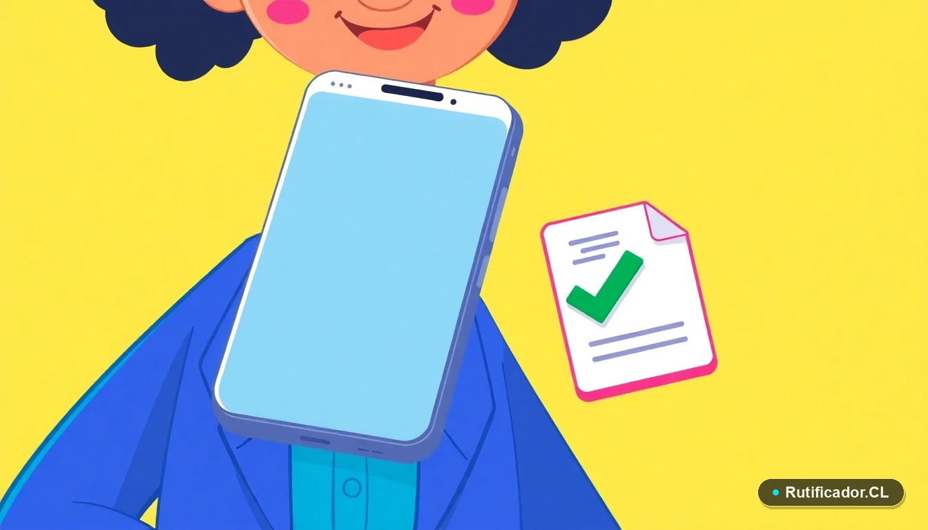 Ilustración plana de un teléfono inteligente y un documento con check verde, representando una consulta de RUT exitosa y segura en Chile.