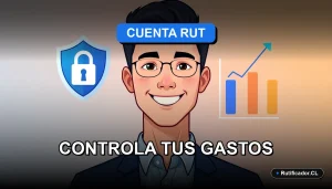 Ilustración profesional de control de gastos para Cuenta RUT del BancoEstado. Persona sonriente con elementos digitales flotantes.