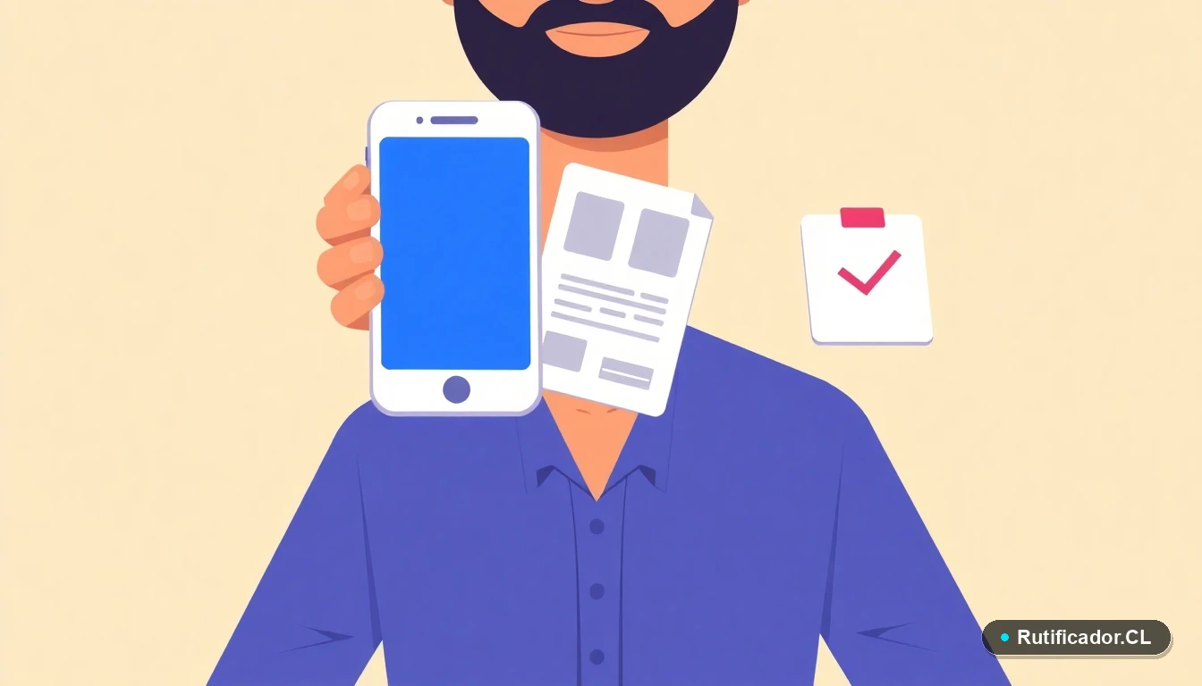 Objetos digitales flotantes que representan trámites seguros: un teléfono, un documento y una identificación estilizada, para usar la Cuenta RUT.