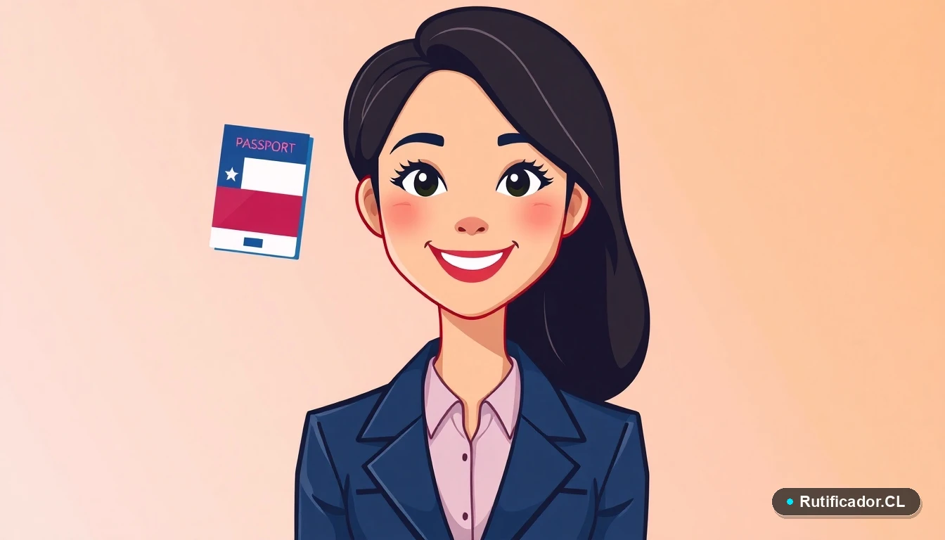 Ilustración de mujer profesional junto a plantilla de pasaporte chileno y símbolo de seguridad digital