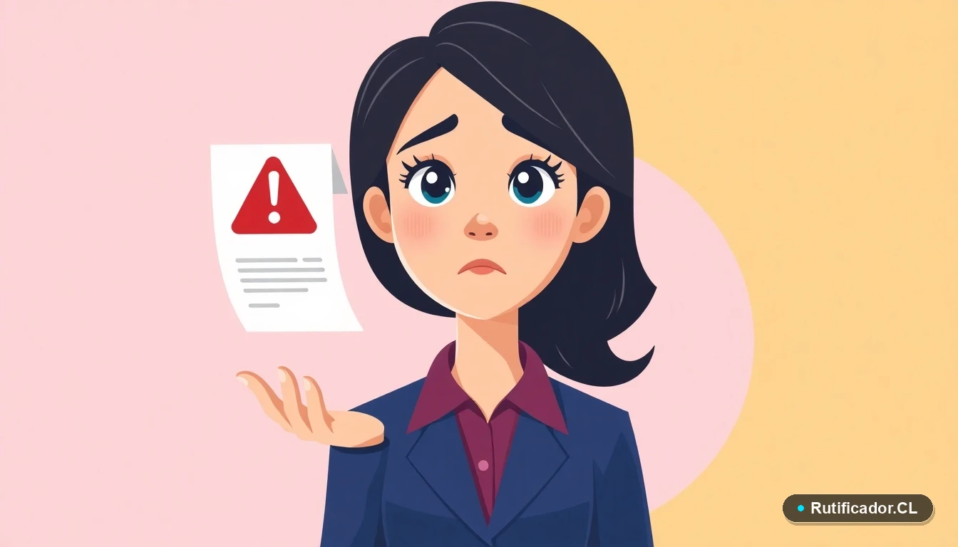 Mujer preocupada revisando documento digital del Registro Civil de Chile con advertencia de error