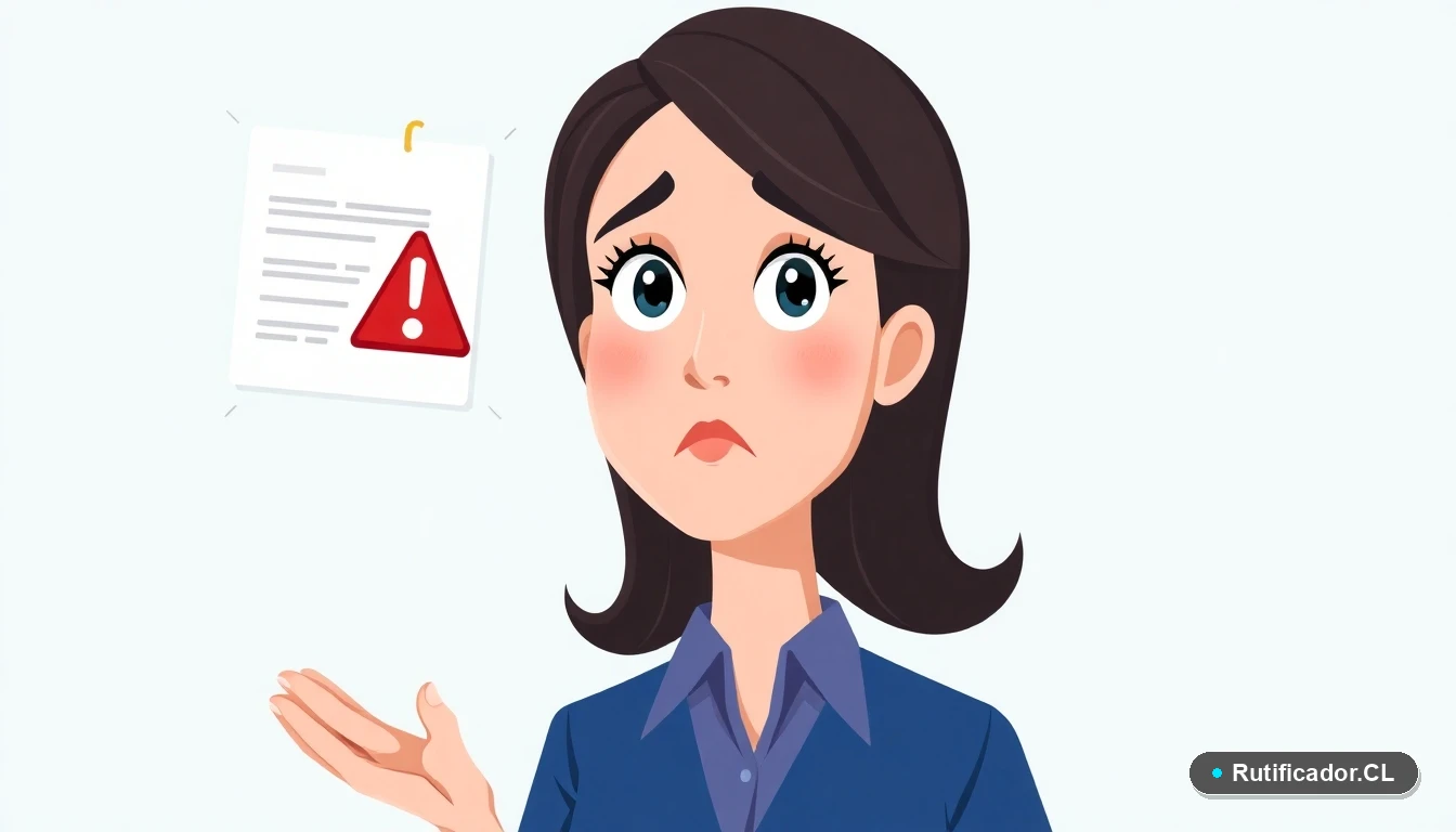 Mujer profesional preocupada revisando documento digital con advertencia sobre verificación de RUT empresarial