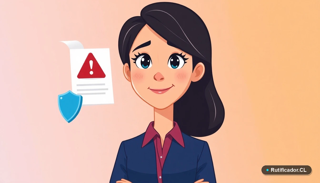 Mujer chilena preocupada por suplantación de identidad, con iconos digitales de alerta y protección.