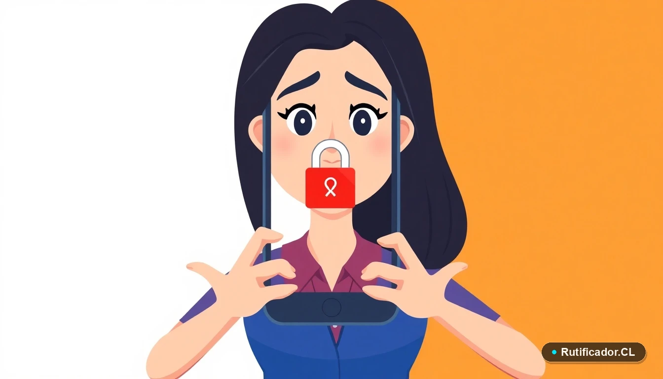 Mujer chilena revisando su teléfono con alerta de seguridad contra estafas telefónicas, ilustración plana.