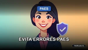 Ilustración de una joven profesional sonriente junto a un escudo digital, representando la consulta segura del puntaje PAES.