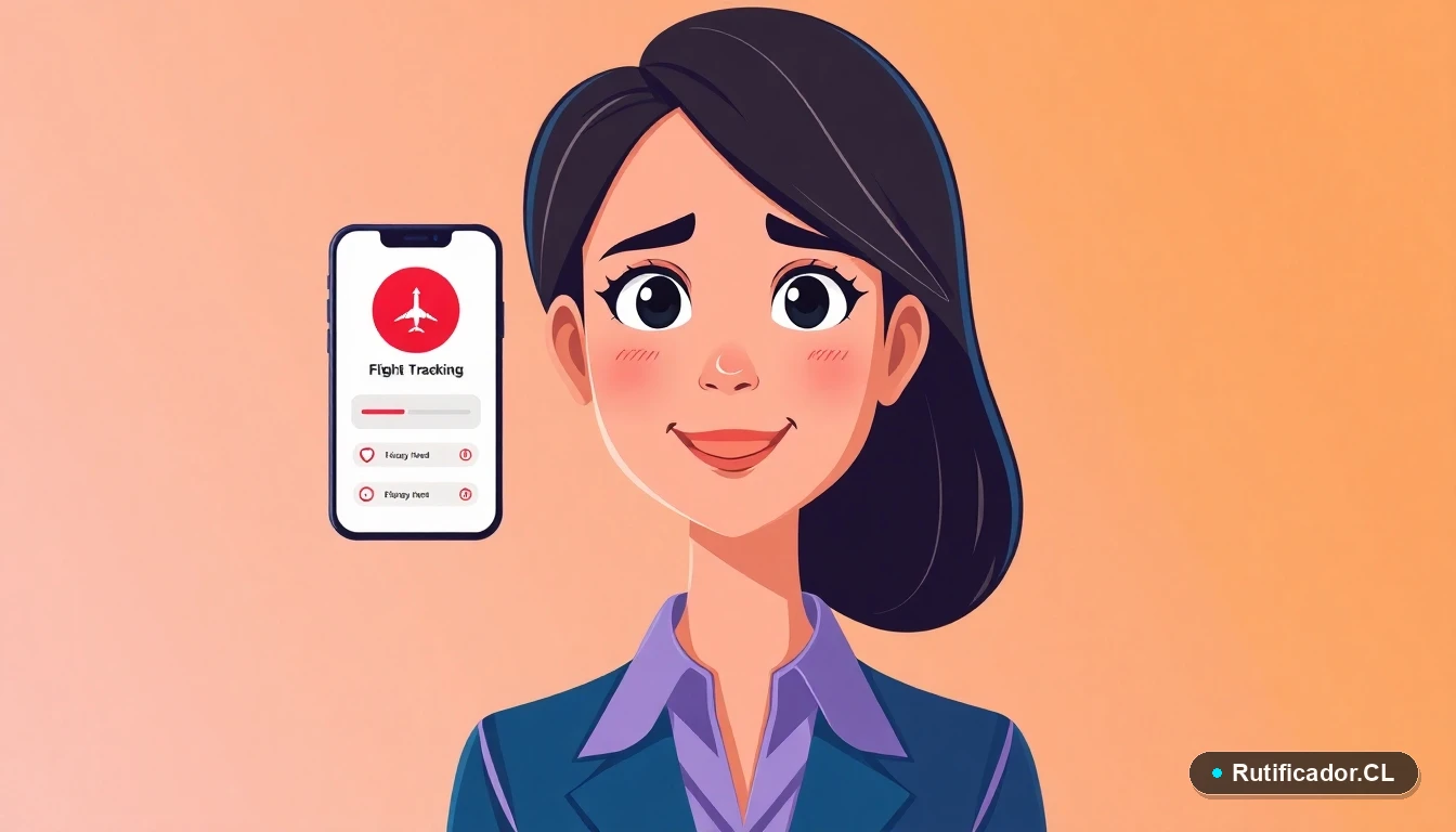 Mujer preocupada revisando app de rastreo de vuelos con advertencia de seguridad en Chile