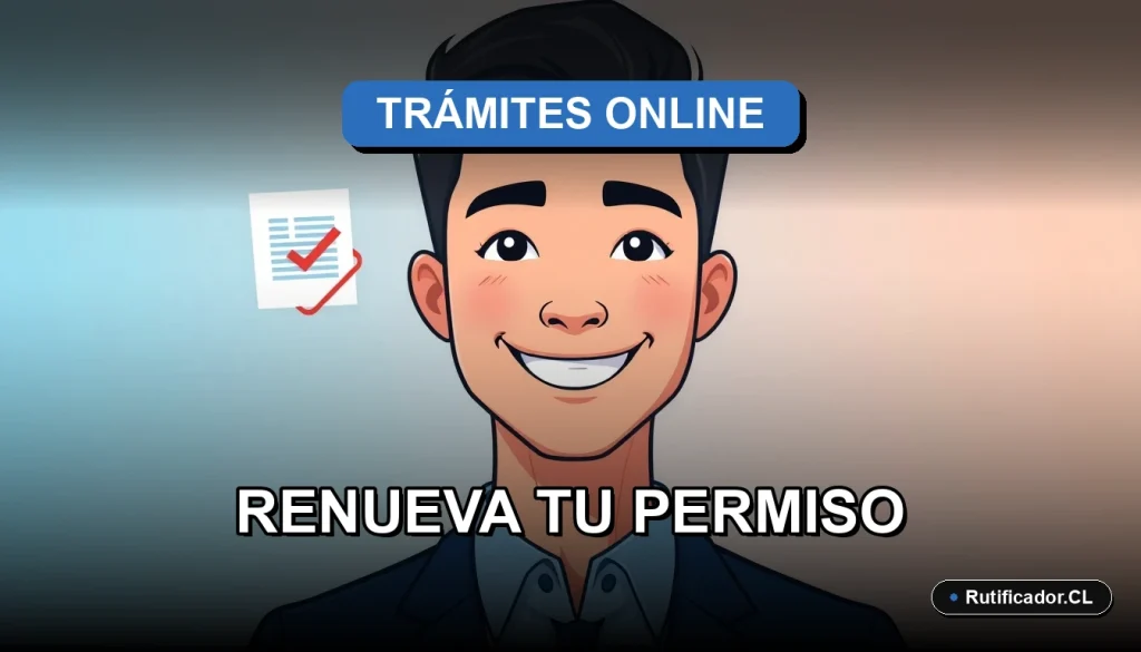 Hombre sonriente en ilustración vectorial junto a un documento digital flotante, representando la renovación fácil del permiso de circulación en Chile.