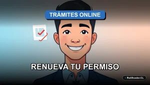 Hombre sonriente en ilustración vectorial junto a un documento digital flotante, representando la renovación fácil del permiso de circulación en Chile.