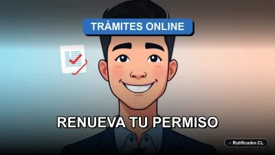 Hombre sonriente en ilustración vectorial junto a un documento digital flotante, representando la renovación fácil del permiso de circulación en Chile.