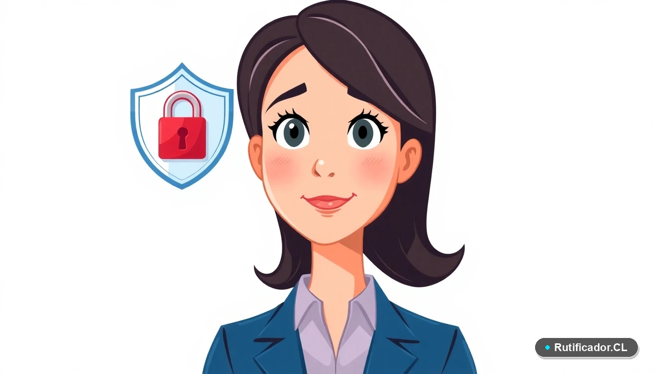 Ilustración de una profesional chilena revisando la protección de su RUT en un escudo digital.