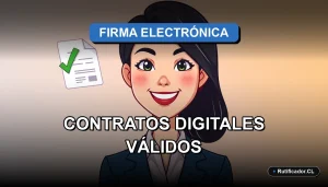 Ilustración corporativa sobre firma electrónica avanzada y contratos digitales legales en Chile usando RUT.