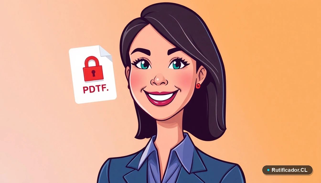 Ilustración de una profesional usando firma electrónica para validar un contrato PDF en Chile de forma segura.