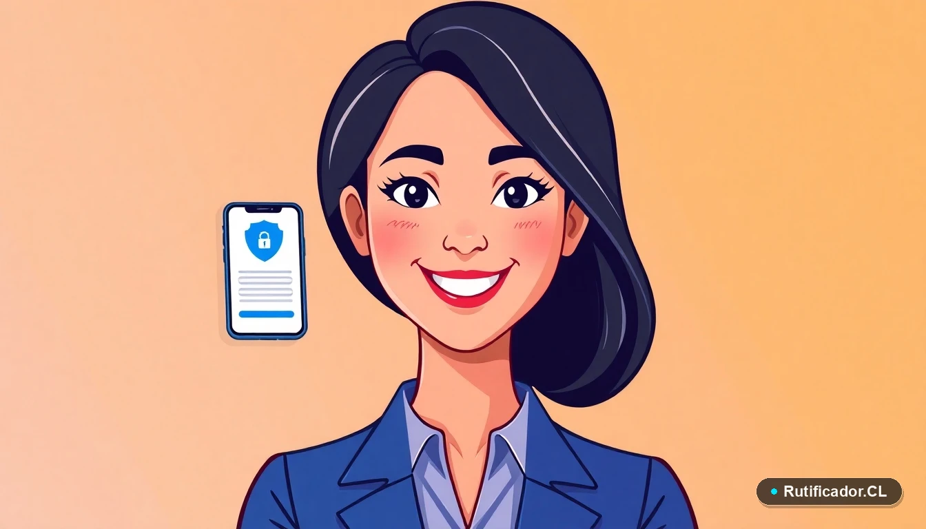 Ilustración de mujer profesional usando PagoRUT de BancoEstado de forma segura con su celular.