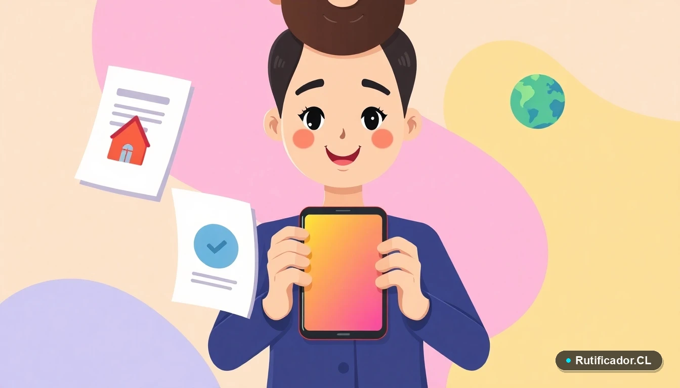 Documentos y teléfono flotantes en estilo plano, representando el trámite digital del certificado de domicilio para extranjeros