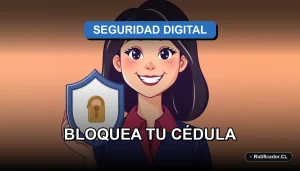 Ilustración de una profesional chilena sonriente junto a un escudo digital flotante que protege una cédula de identidad estilizada.