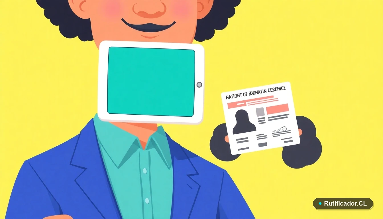 Ilustración de un dispositivo digital y un documento estilizado para representar trámites financieros seguros en Chile, estilo vectorial plano.