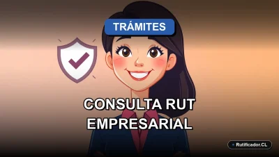 Guía ilustrada para consultar el RUT de una empresa en Chile de forma legal y segura, personaje profesional femenino.