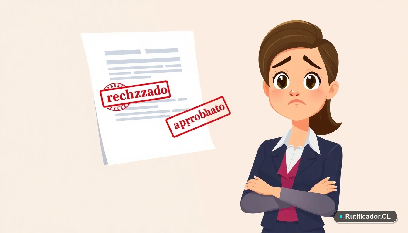 Mujer revisando certificado de domicilio SII rechazado y solución aprobada, ilustración plana corporativa