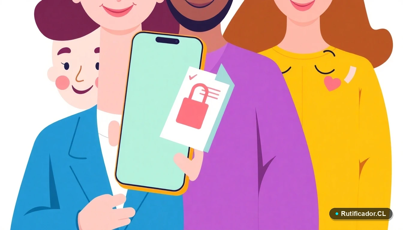 Concepto de seguridad digital: un teléfono inteligente y un documento flotantes con iconos de candado y verificación, estilo ilustración plana colorida.