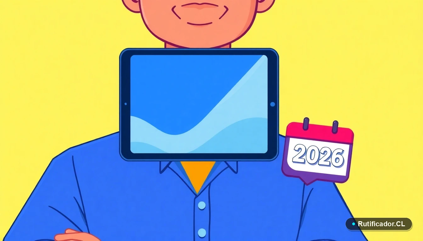 Iconos de trámite digital, escudo y calendario 2026 para proceso de pasaporte, ilustración plana.