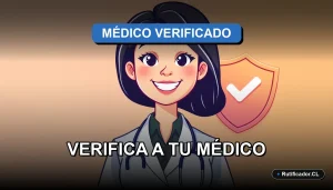 Ilustración de una profesional de la salud sonriente junto a un escudo flotante que representa la verificación legal de títulos médicos en Chile.