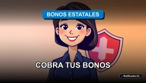 Mujer profesional chilena sonriente junto a un escudo digital flotante que representa la seguridad al consultar beneficios del estado, ilustración plana colorida.