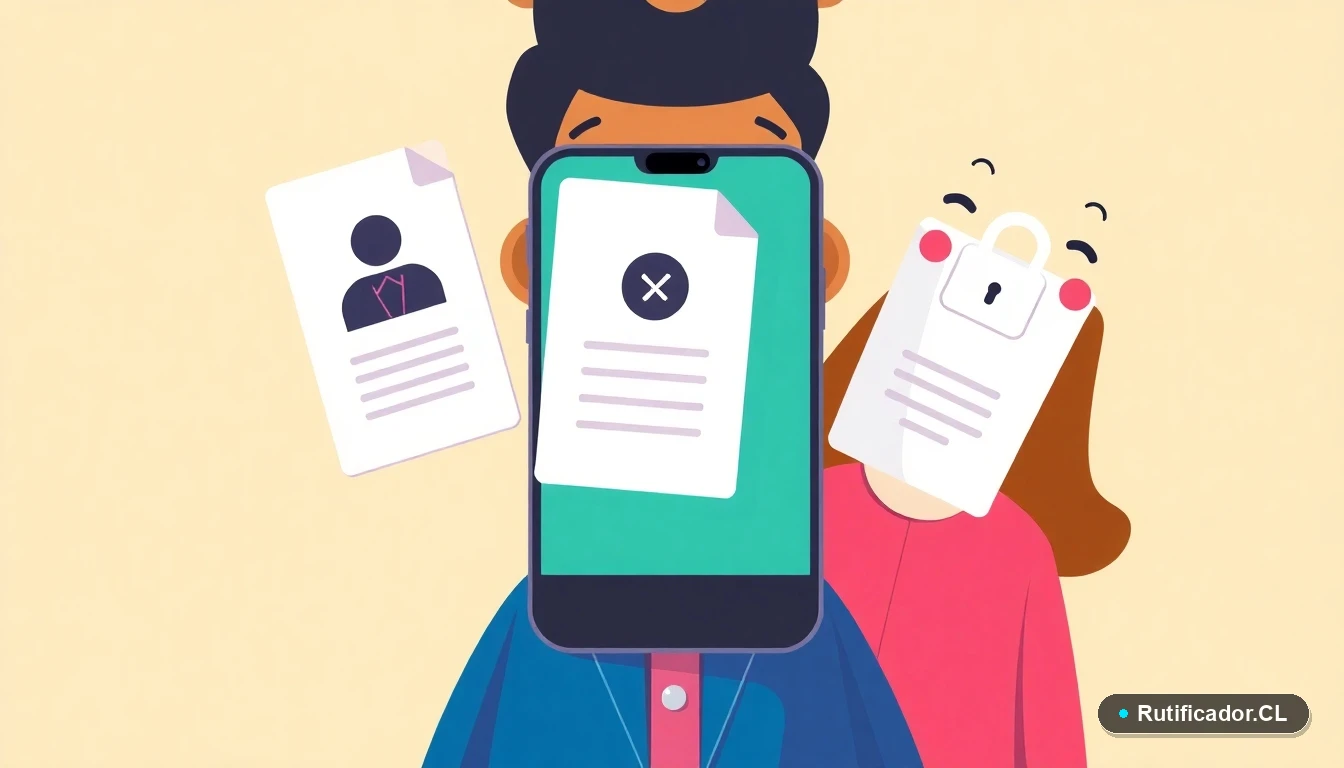 Ilustración de documentos digitales y un teléfono con pantalla abstracta, representando trámites en línea y protección de datos del RUN y RUT.