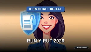 Guía ilustrada sobre RUN y RUT en Chile, personaje femenino profesional junto a un escudo digital flotante que protege datos personales.