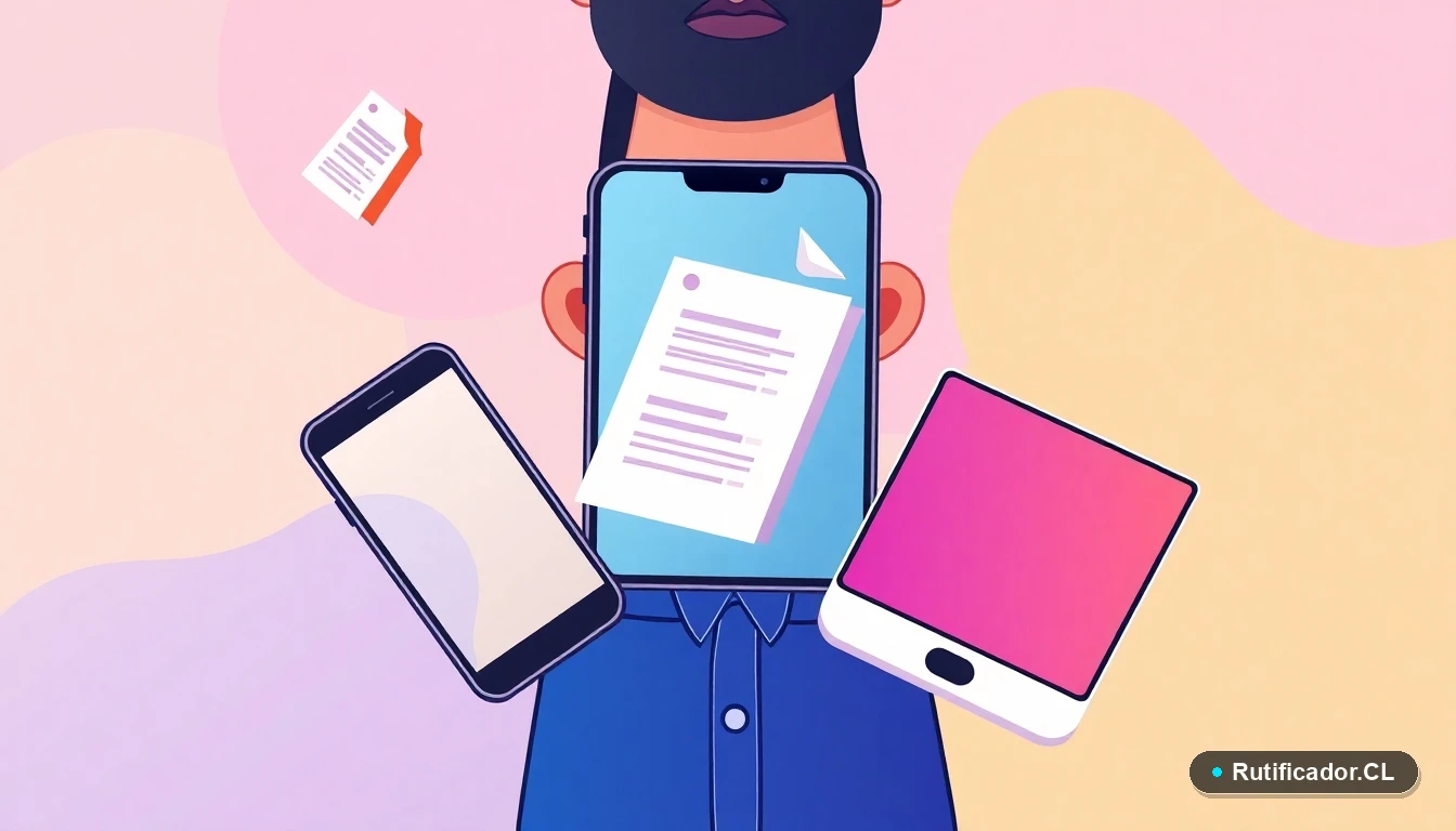 Dispositivos digitales y documentos flotantes que representan la solución de problemas de pago en línea en Chile.