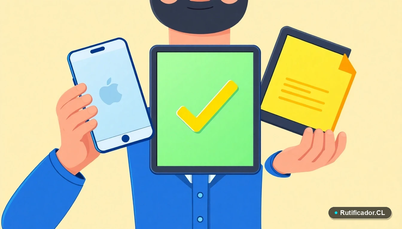 Ilustración plana de dispositivos digitales flotantes con pantallas abstractas, representando trámites en línea seguros y oficiales en Chile.