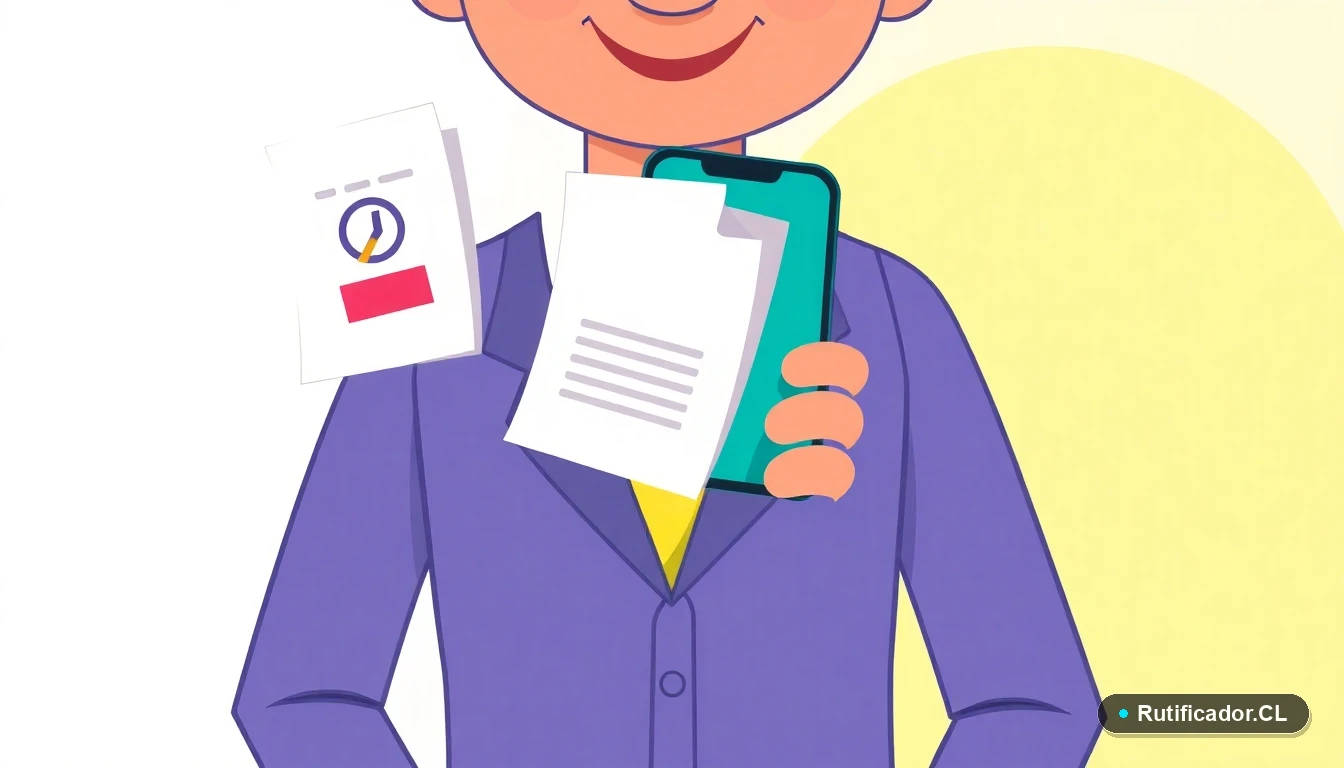 Iconos flotantes de documentos digitales y un teléfono con pantalla abstracta, representando trámites legales digitales en Chile.