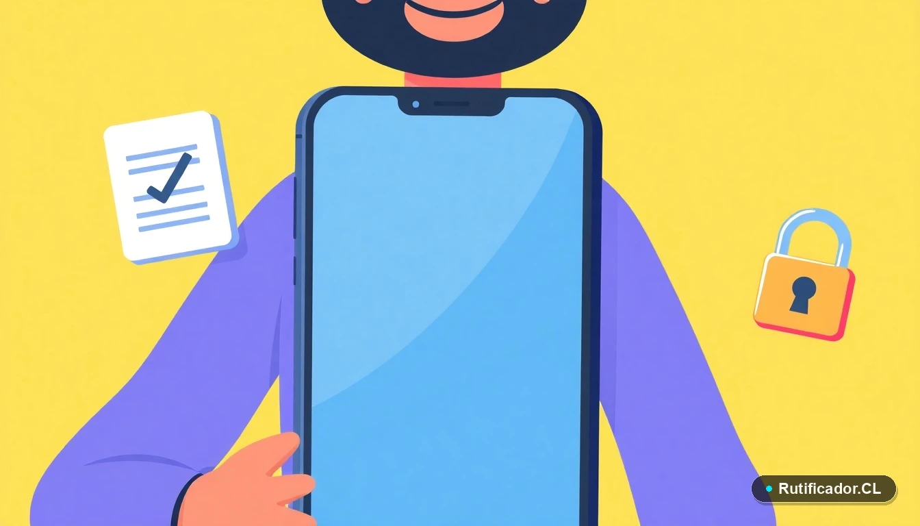 Ilustración plana de un teléfono inteligente, un documento con check y un candado, simbolizando trámites digitales seguros del Registro Civil de Chile.