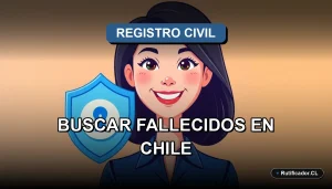 Ilustración de una profesional chilena sonriente junto a un escudo digital flotante, representando la búsqueda oficial de personas fallecidas.