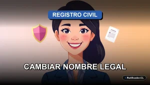 Ilustración vectorial para guía legal sobre el cambio de nombre y apellido en Chile. Personaje profesional sonriente junto a documentos flotantes.