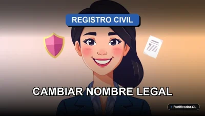 Ilustración vectorial para guía legal sobre el cambio de nombre y apellido en Chile. Personaje profesional sonriente junto a documentos flotantes.