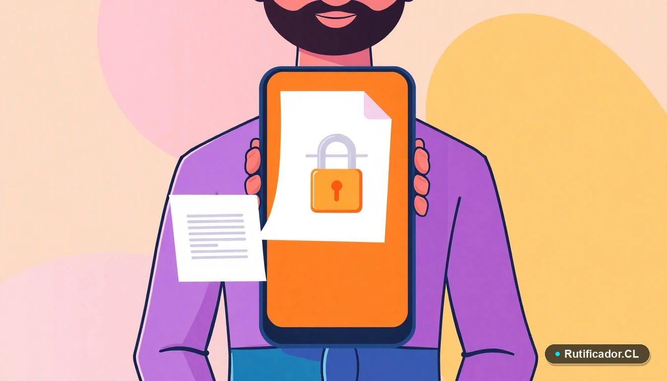 Ilustración de un teléfono inteligente y un documento digital flotante, representando el acceso seguro a trámites de datos personales en Chile.