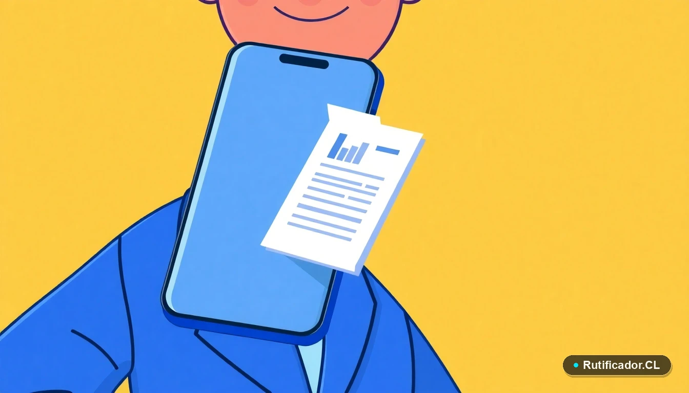 Ilustración de un teléfono inteligente y un documento digital flotantes, representando la consulta online del RUT en Chile.