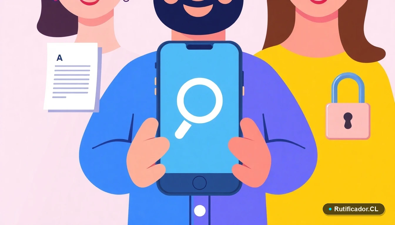 Iconos flotantes de un teléfono, un documento y un candado en estilo plano, simbolizando la consulta digital protegida del RUT en Chile.